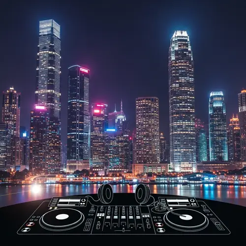 Vibrant Cityscape with Neon Lights - DJ Booth Silhouette
