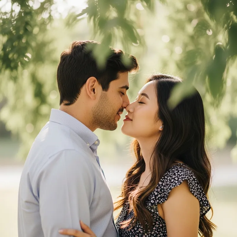 Romantic Moment: Man Kissing Woman Under Sunlit Trees