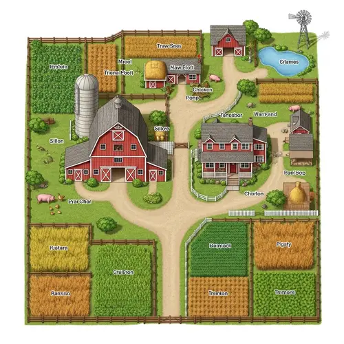 Detailed Farm Floor Plan: Red Barn, Farmhouse, Chicken Coop