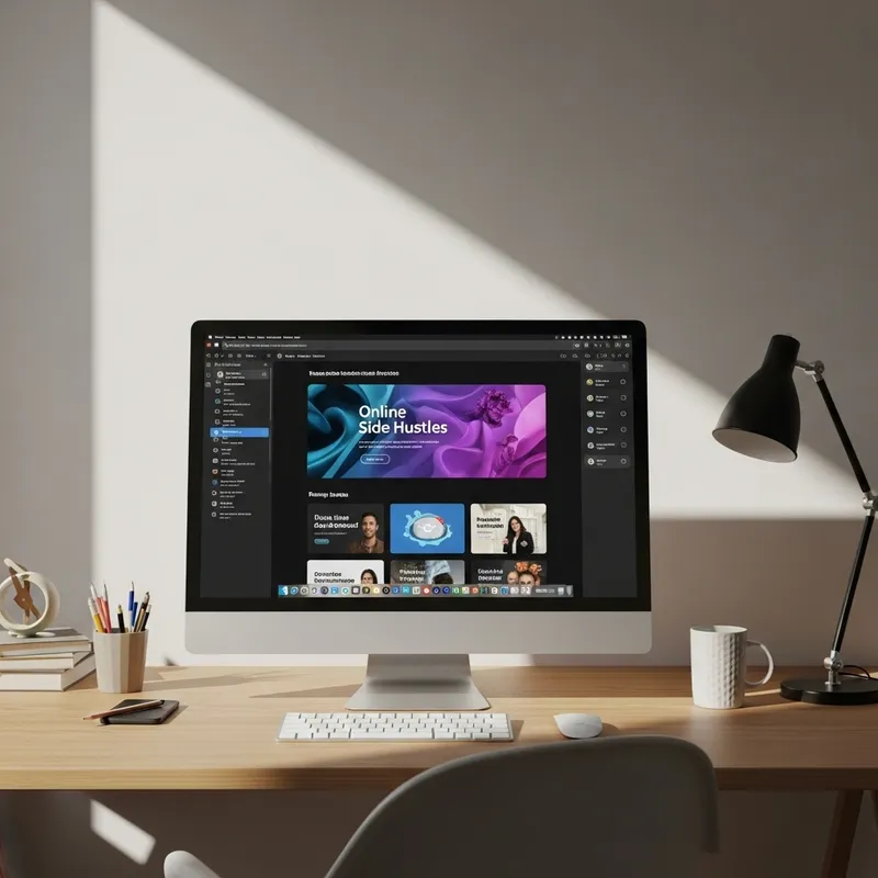 Sleek Home Office with Online Side Hustles Display