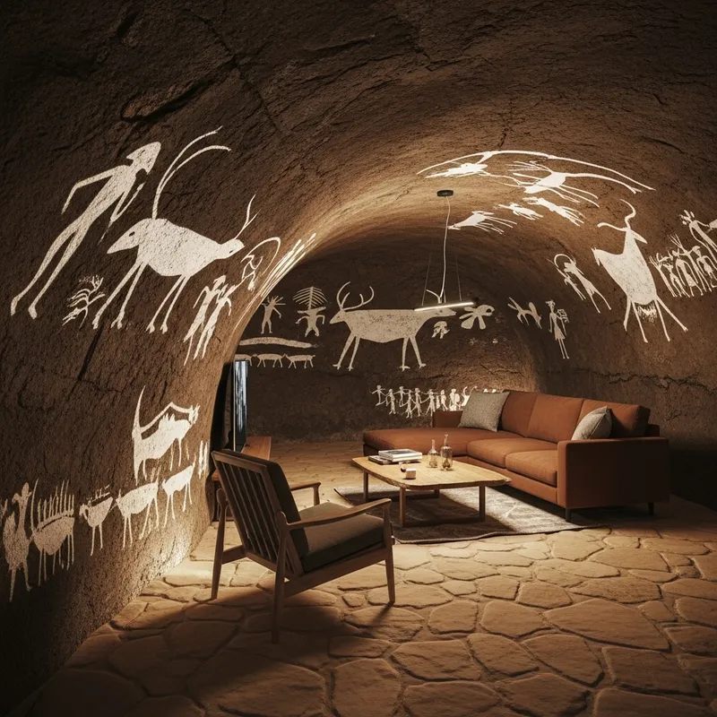 Stone Age Cave Interior: Modern Design with Primitive Drawings