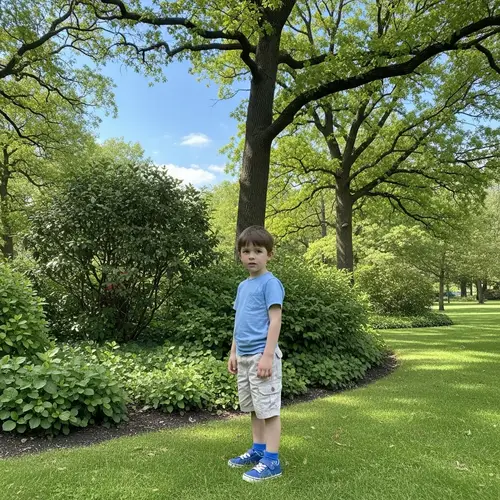 Young Boy in Casual Outfit Enjoying Serene Park Setting