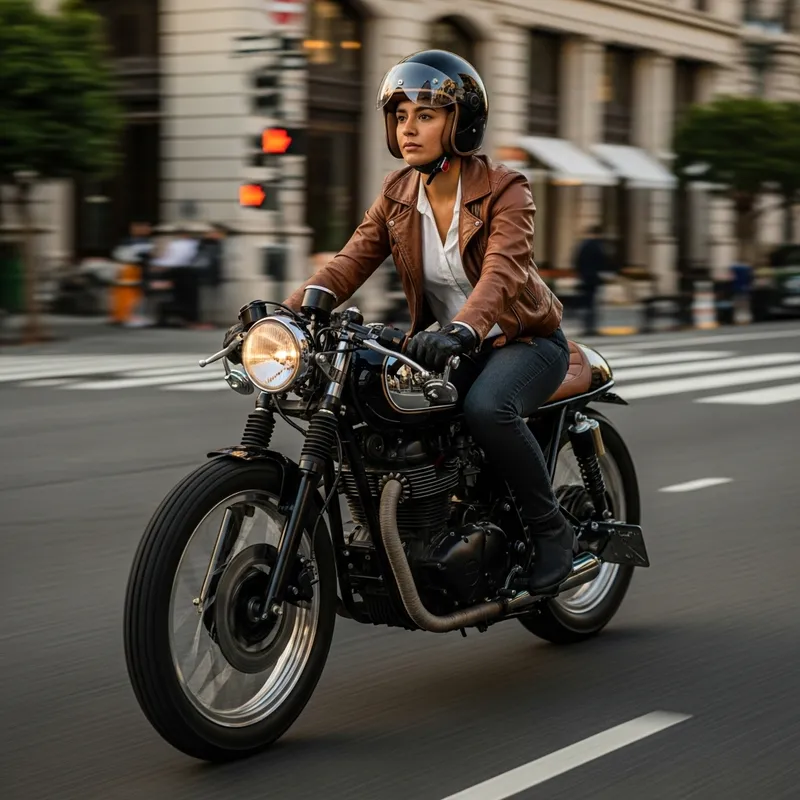 Young Attorney with Short Hair Riding Café Racer Motorcycle