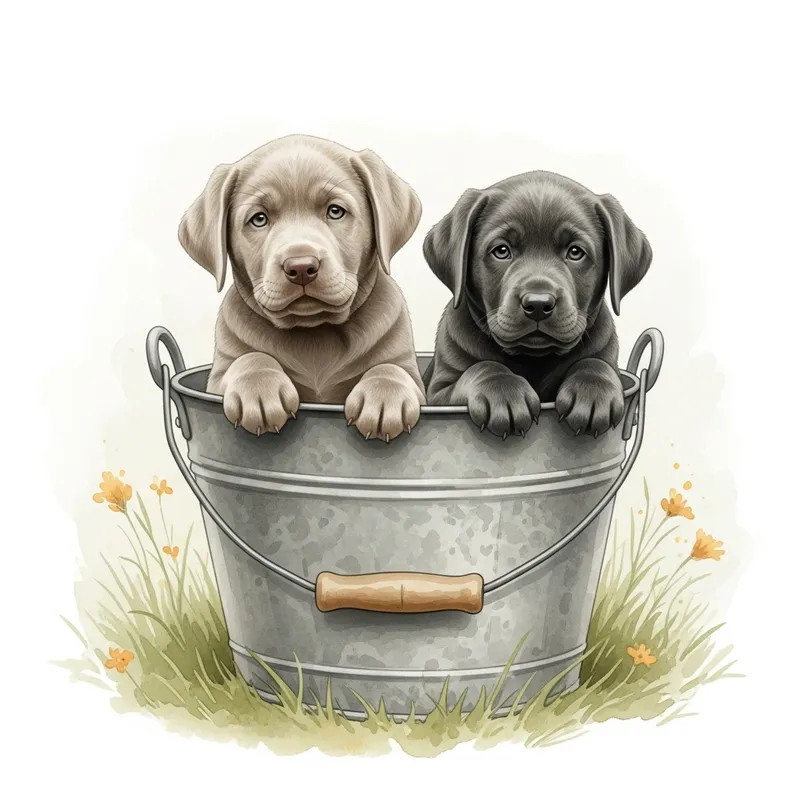 Adorable Silver and Charcoal Labrador Puppies in Bucket Watercolor