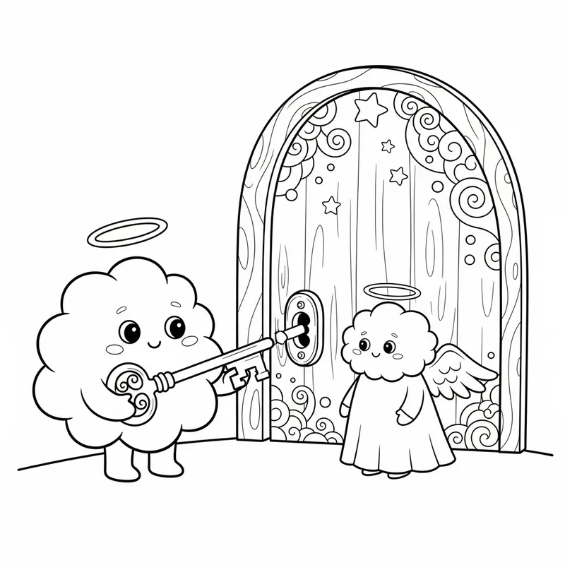 Enchanting Cloud Coloring Page - Key to Angelic Realm