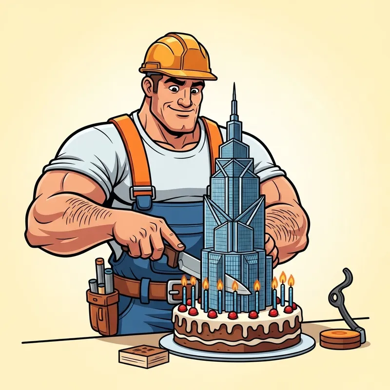 Muscular Cartoon Builder Celebrates with Skyscraper Cake Muscular Cartoon Builder Celebrates with Skyscraper Cake