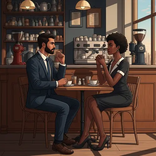 Stylish Debate at Cafe: Middle-Eastern Man vs Elegant Black Woman