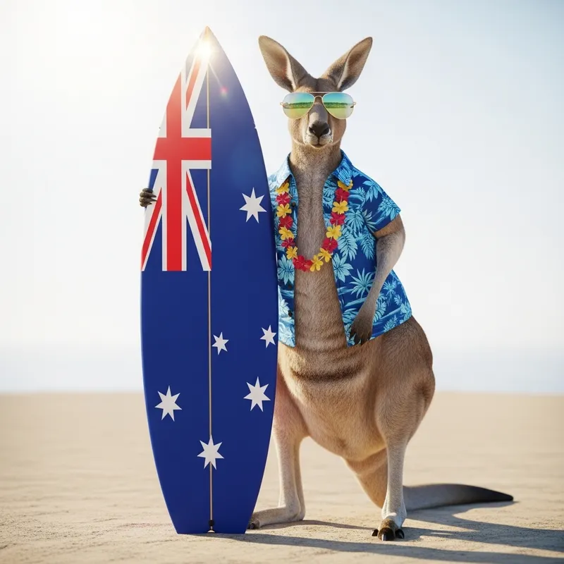 Sunglasses-Clad Kangaroo in Hawaiian Shirt by Australia Flag Surfboard
