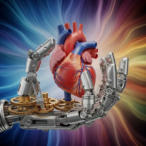 Mechanical Hand Holding Realistic Human Heart | Colorful Waves Background