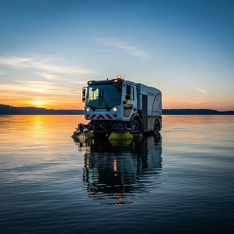 Tranquil Road Sweeper Floating on Serene Lake