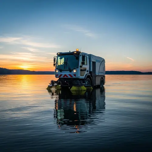 Surreal Road Sweeper on Serene Lake