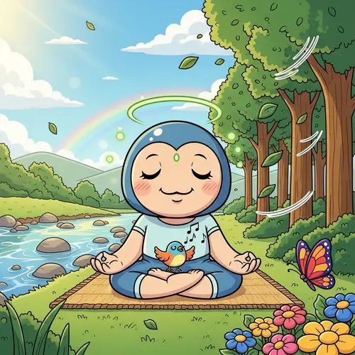 Tranquil Cartoon Yoga Character Amid Nature | Peaceful Meditation