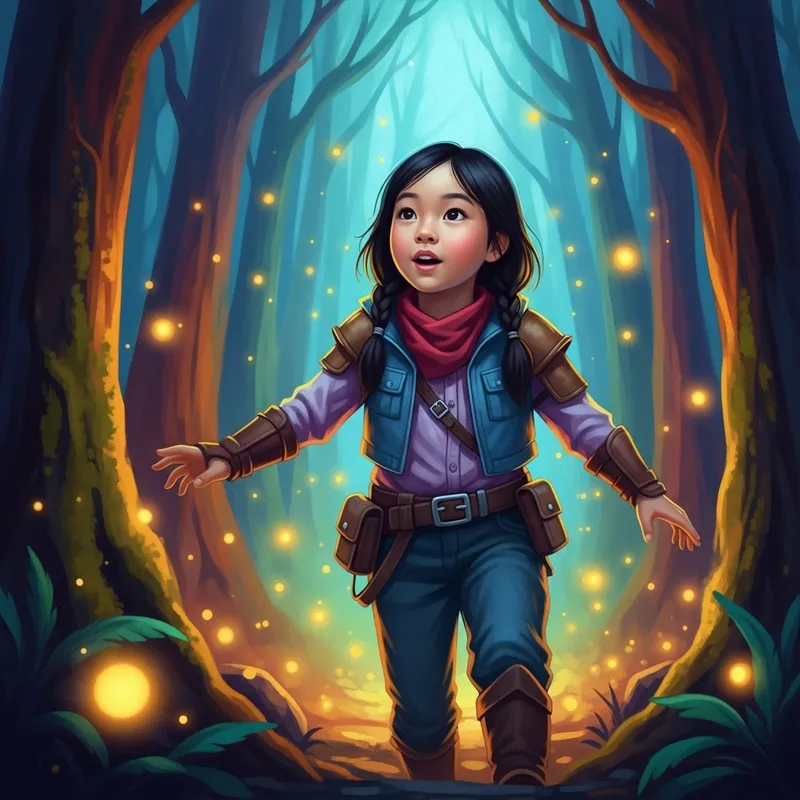 Asian Girl Wonder in Vibrant Mystical Forest - Digital Art Asian Girl Wonder in Vibrant Mystical Forest - Digital Art