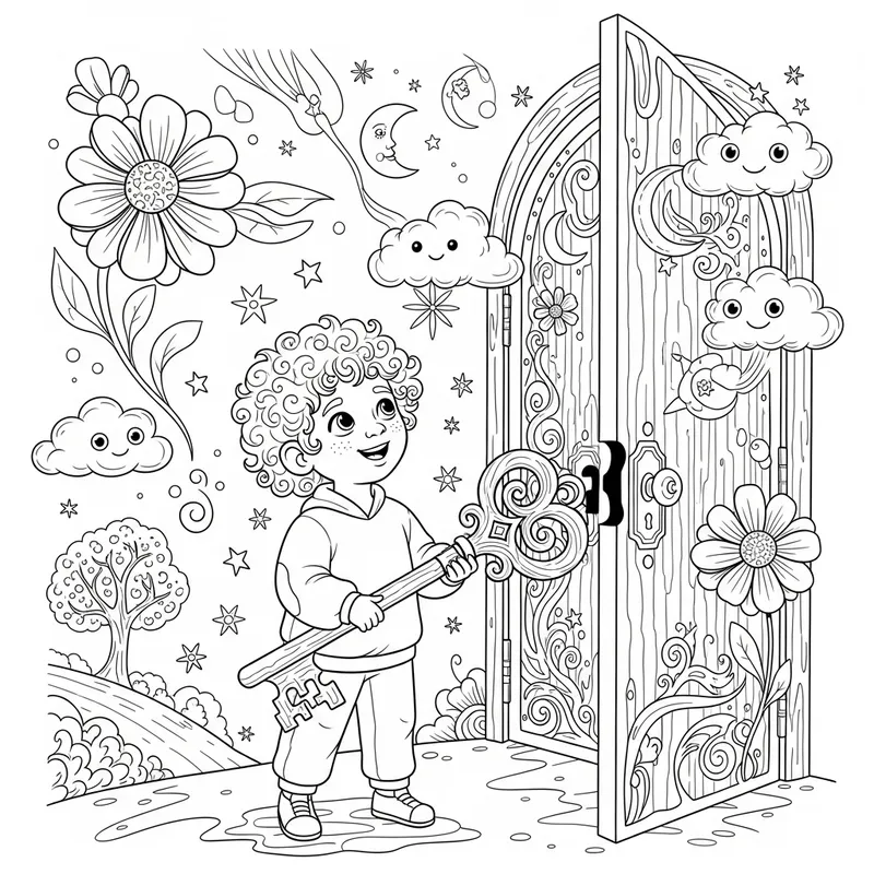 Child Unlocking Imaginary Door Coloring Page - Children's Fantasy