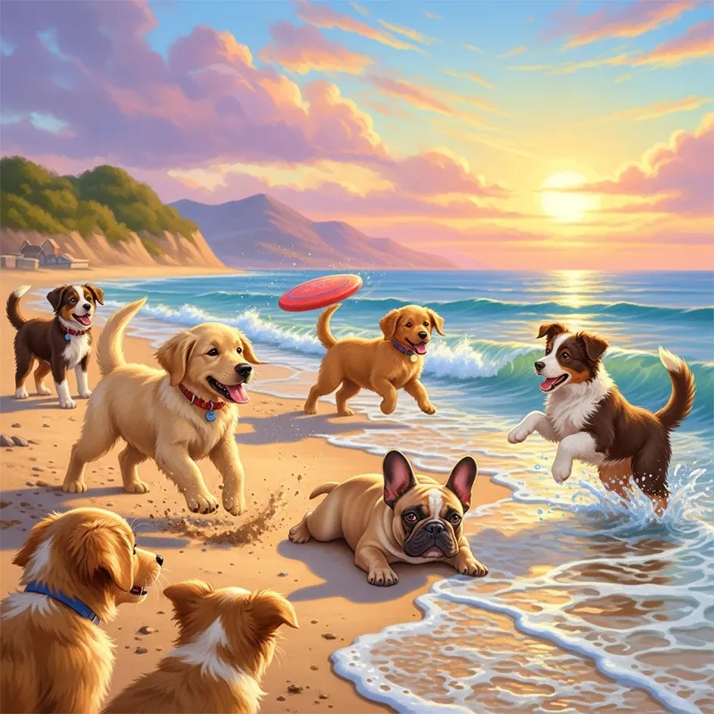 Playful Puppies on Seaside: Joyful Frolics in Soft Pastel Sunset