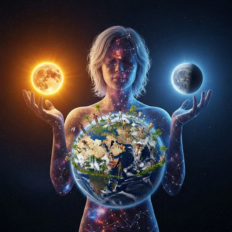 Human-like Stardust Figure Holding Earth and Planet | Diverse Life Representation Human-like Stardust Figure Holding Earth and Planet | Diverse Life Representation
