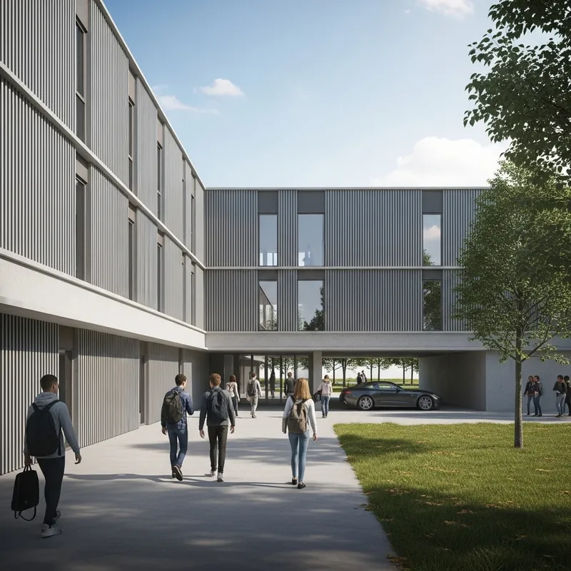 Modern Minimalist School Design with Diverse Students Arriving