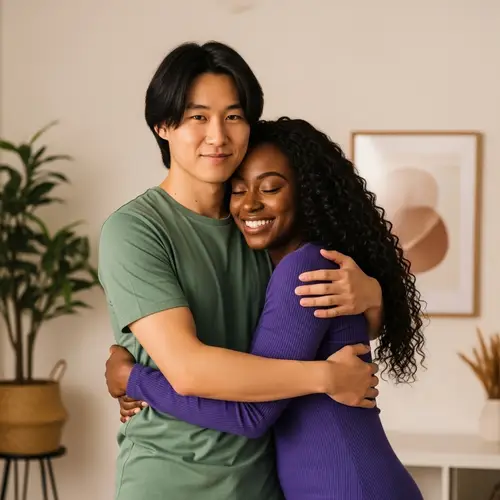 Asian Man Hugging Black Woman - Embracing Happiness and Love