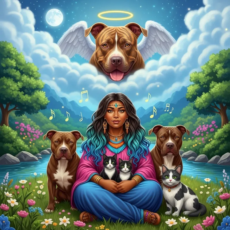 Mystical Scene with Pit Bull Dog, Shamanistic Woman, and Cats in Lush Landscape