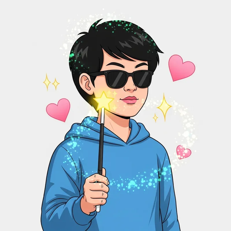 Humorous Cartoon Drawing of Asian Gender-Neutral Person with Magic Wand