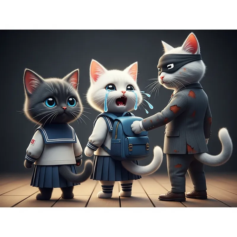 British Cat with Blue Eyes in School Uniform Scene British Cat with Blue Eyes in School Uniform Scene