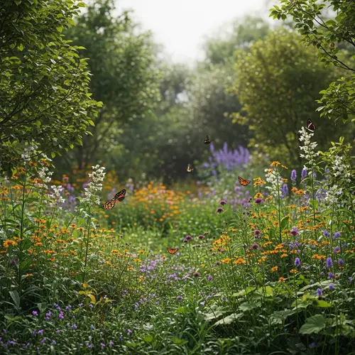 Tranquil Ecological Garden with Native Plants, Birds, and Butterflies