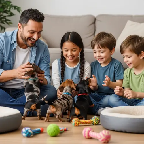 Hispanic Dachshund Breeder Playing with Tricolor Puppies