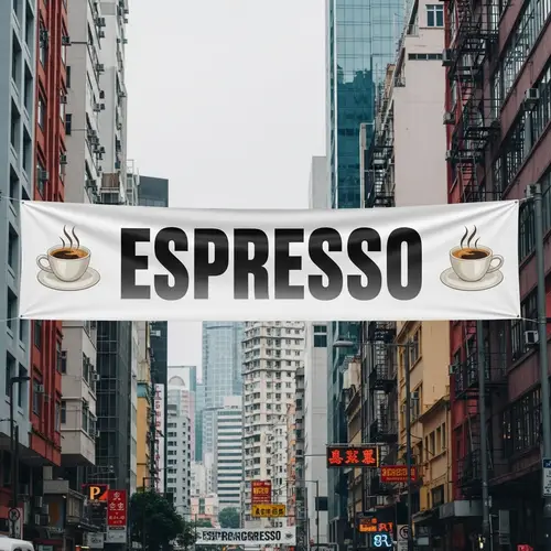 Vibrant Espresso Banner in Urban Setting