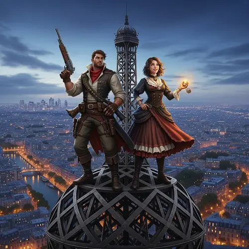Steampunk Video Game Characters on Iron Lattice Tower in Paris