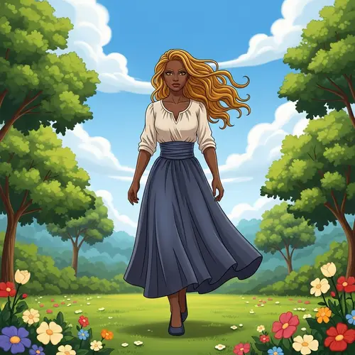 Elegant Dark Skin Woman Walking Illustration