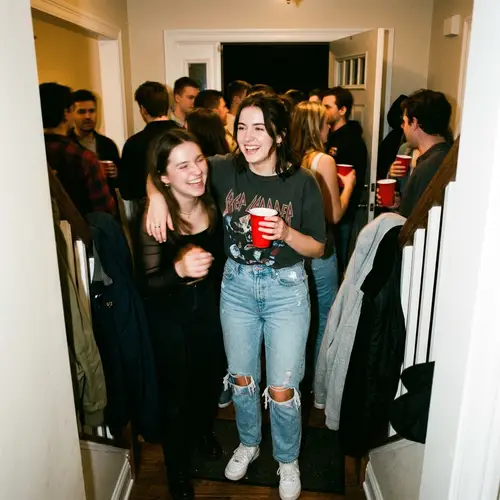 Vibrant House Party Entrance with Friends