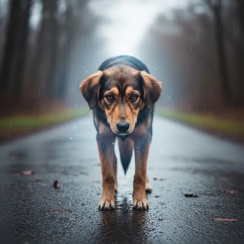 Young Dog in Melancholic Rain Scene | Emotional Pet Photography