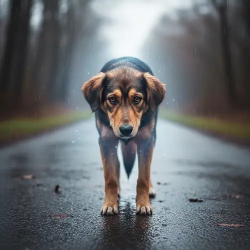 Melancholic Dog Standing in Rain | Emotional Pet Photography