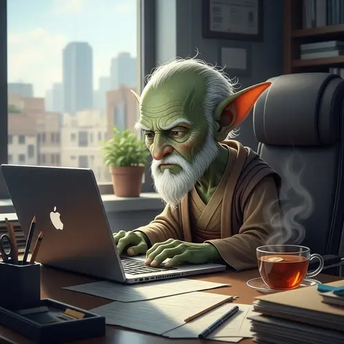 Elderly Green-Skinned Character Working on Laptop in Modern Office