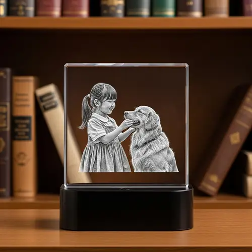 3D Subsurface Engraving of Asian Girl with Golden Retriever | Crystal Square