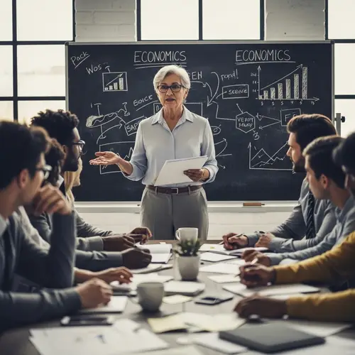 Hispanic Businesswoman Leading Economics Discussion in Diverse Meeting