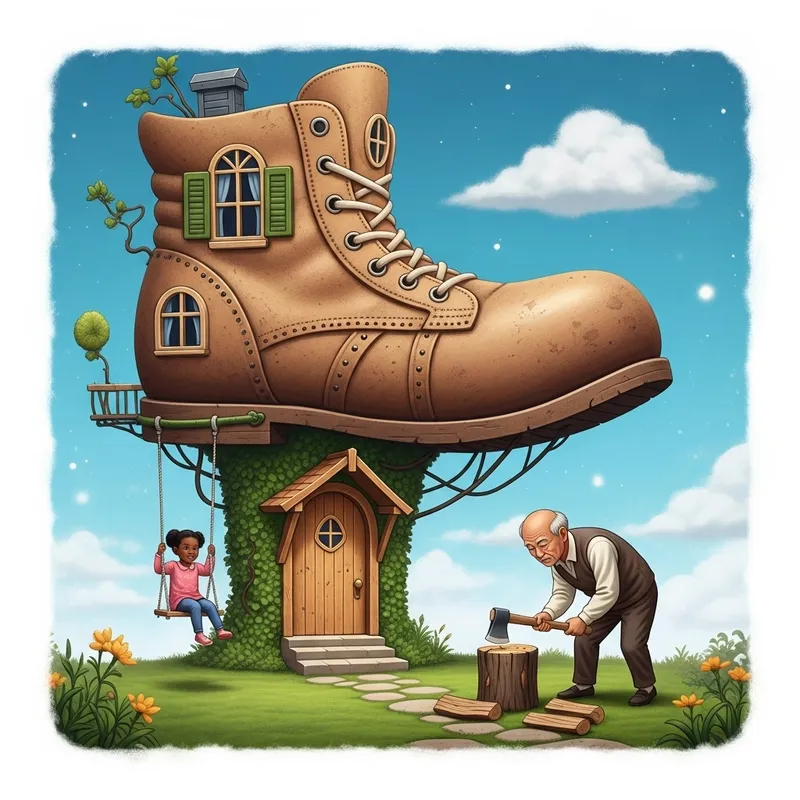 Girl Swinging on Shoe-shaped Space House as Grandfather Chops Wood