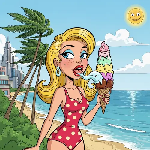 Vibrant Cartoon Scene with Sasha Enjoying Ice Cream | Seaside Panorama