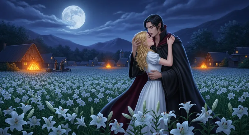 Enchanting Scene of Full Moon, Lilies and Vampire Embrace