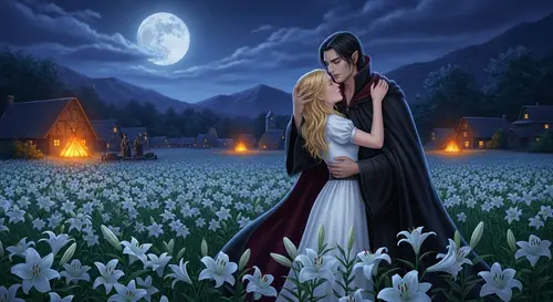 Serene Full Moon Night with White Lilies and Vampire Embrace