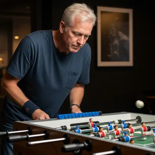 Intensely Aggressive Caucasian Man Playing Foosball