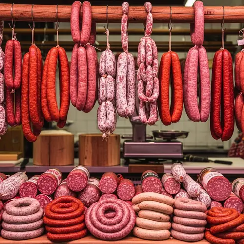 Artisan Sausages Display: Diverse Selection of Colors & Shapes