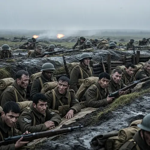 World War I Battlefield: Soldiers in Rainy Trenches