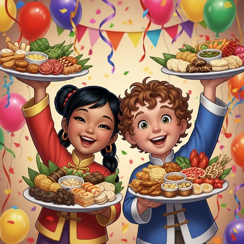 Animated New Year Celebration with Siblings Offering Traditional Food