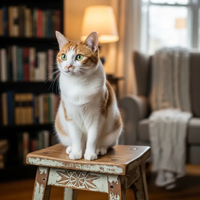 Adorable Cat with White and Orange Fur on Vintage Stool