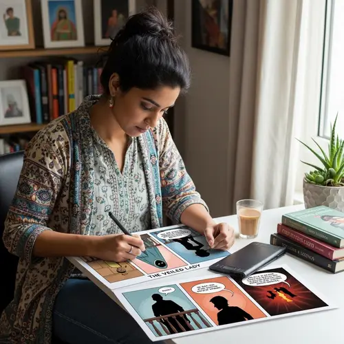 The Veiled Lady: South-Asian Lady Drawing a Comic Strip