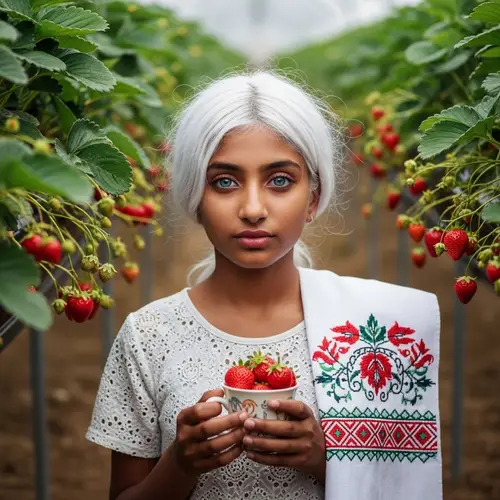 Captivating South Asian Girl in Strawberry Field with Cup of Fresh Fruits