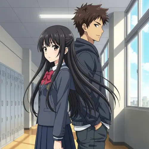 Anime Boy and Girl Back to Back in School Setting