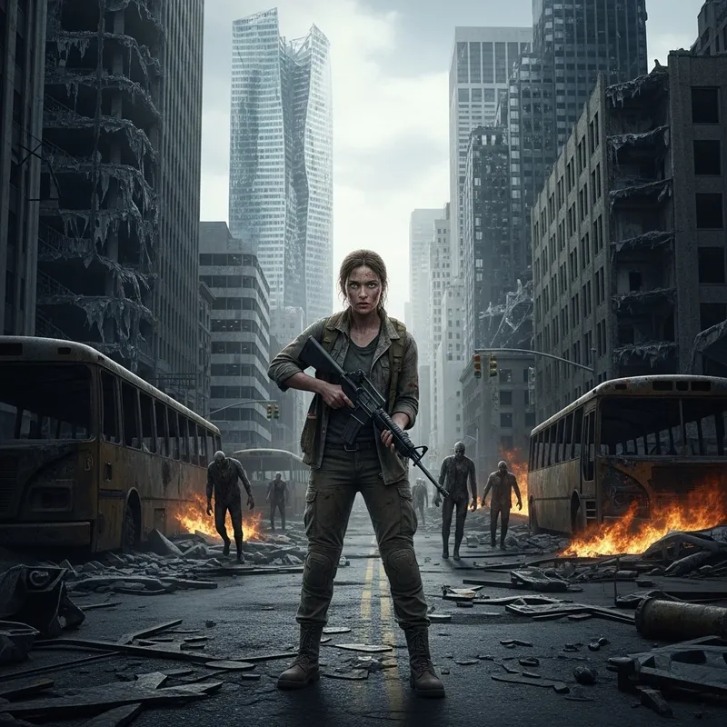 Courageous Female Survivor Battles Undead in Post-Apocalyptic Setting