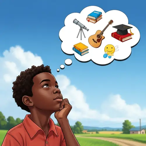 Young Black Boy Contemplating Future Dreams | Tranquil Rural Setting